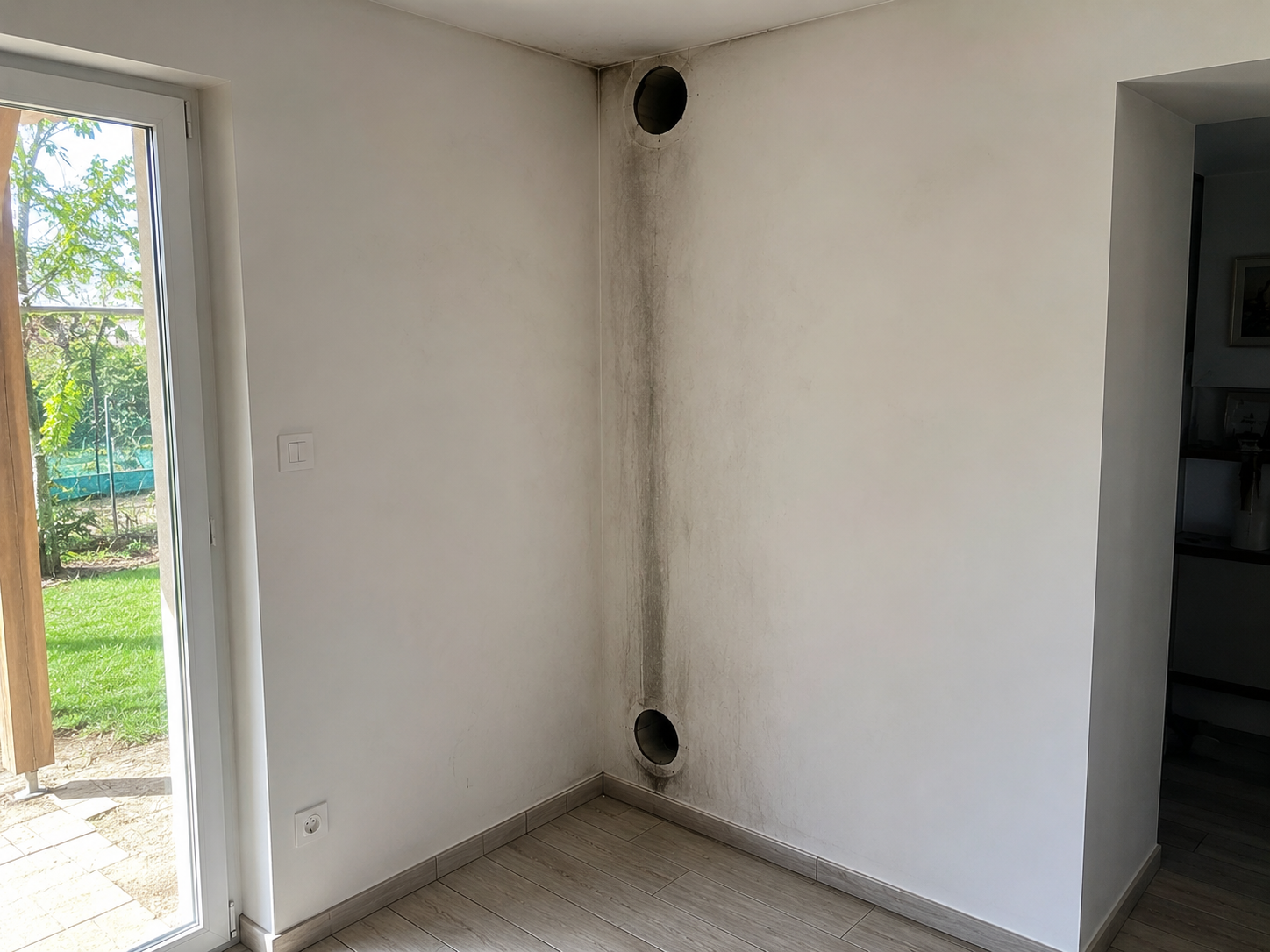 Angle de séjour avec attentes de conduit avant l'installation du poêle à granulés